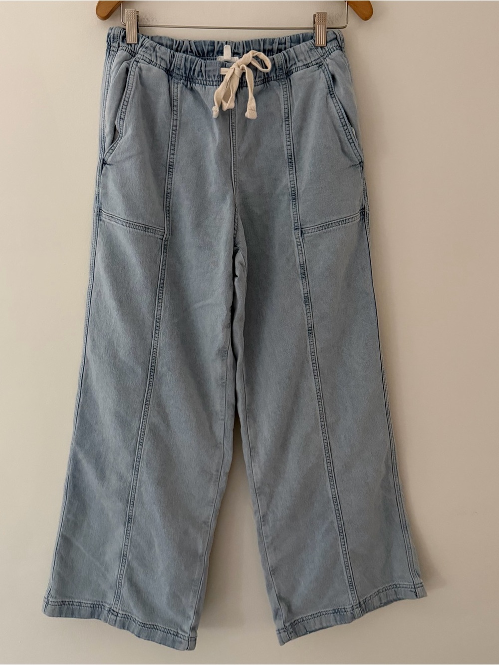 Aerie Pants Me-Day Tie Waist Pant Cotton Denim Light Wash Size Medium - Picture 2 of 10